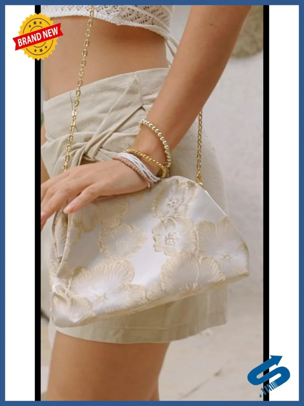 Floral Embroidered Polyester Clutch Evening Bag with Chain Strap